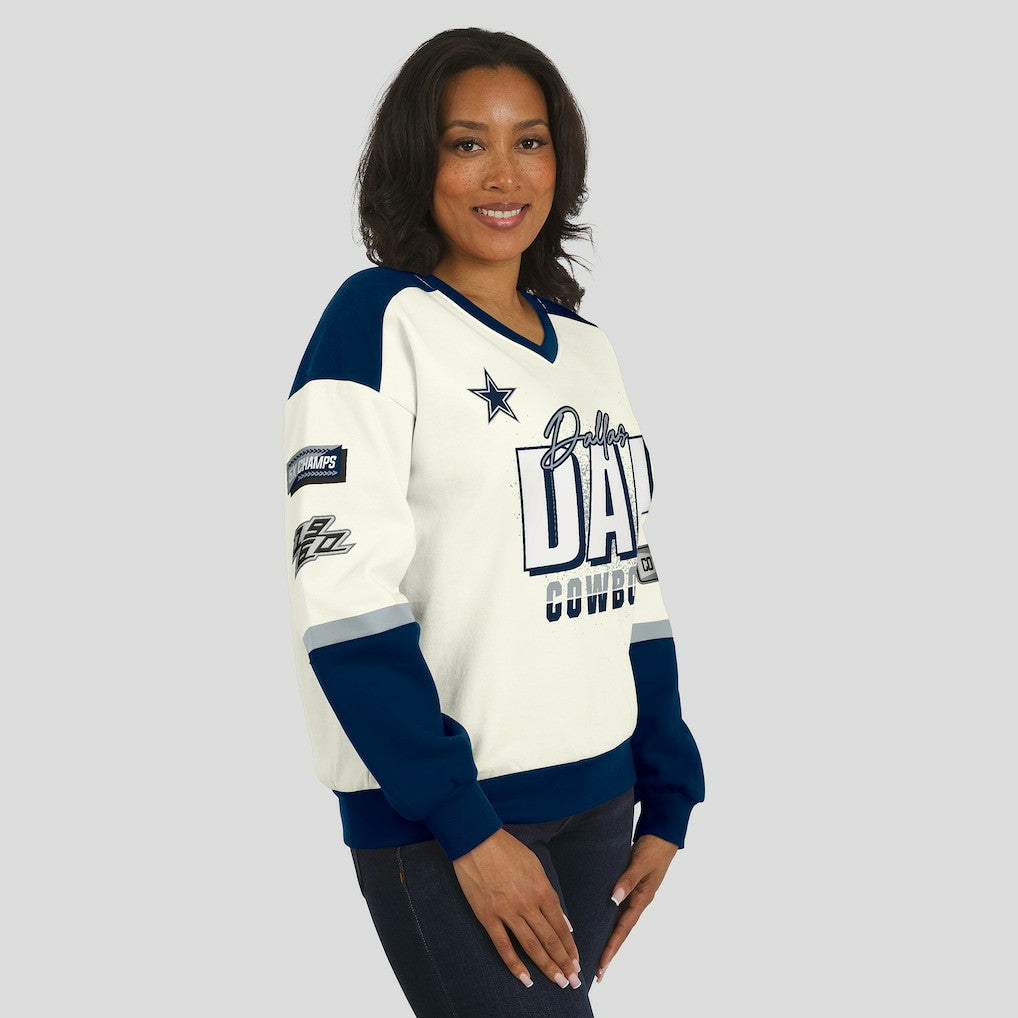 Dallas Cowboys WEAR by Erin Andrews Women's Racing Crew V-Neck Sweatshirt Cream