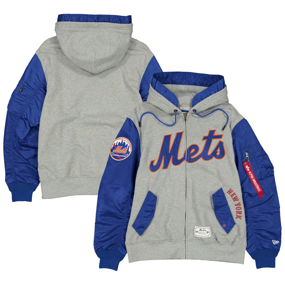 New York Mets New Era x Alpha Industries Full-Zip Hoodie Jacket - Heather Gray/Royal Jackets