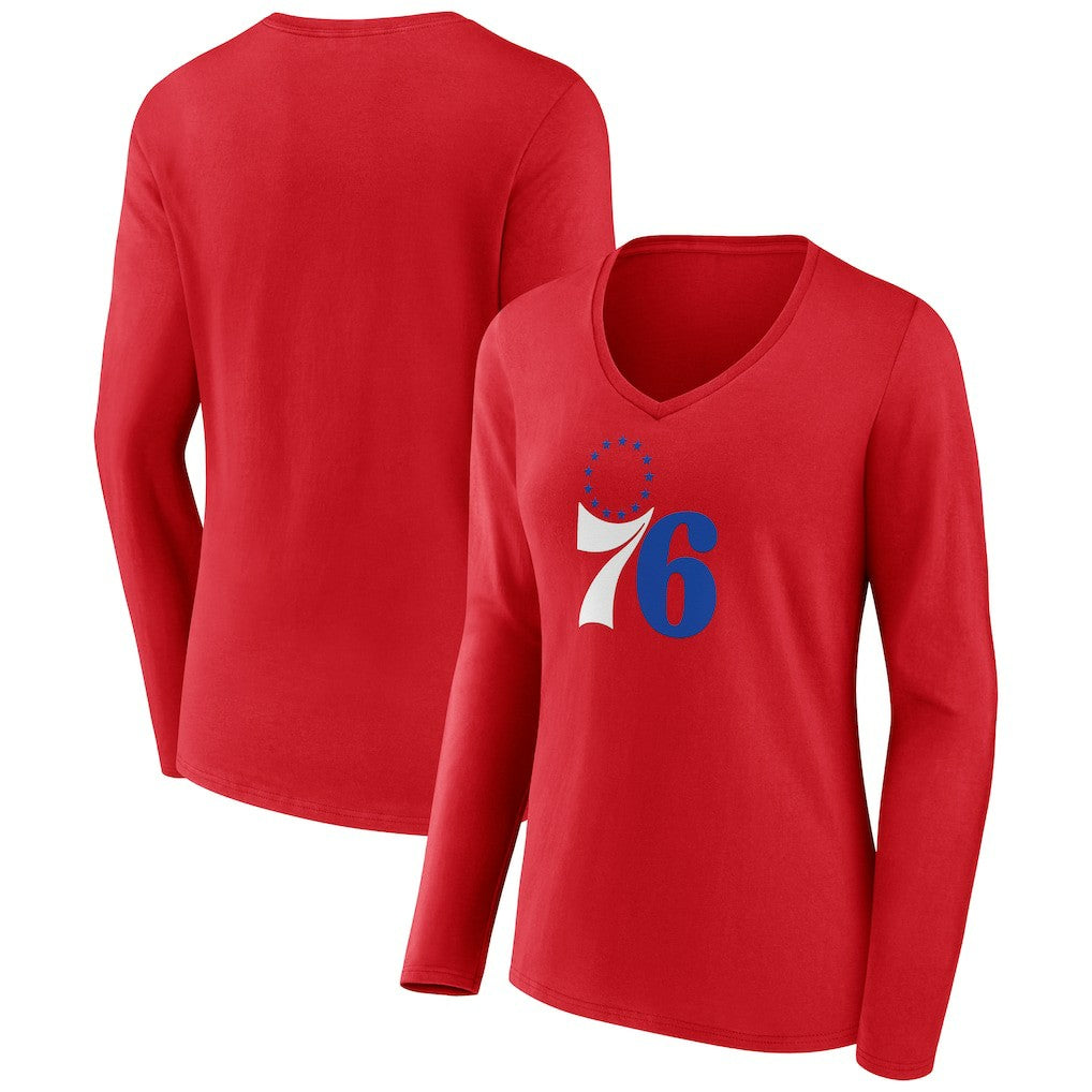 Philadelphia 76ers Women's Primary Logo Long Sleeve V-Neck T-Shirt Red