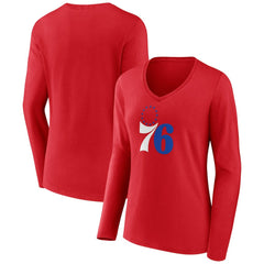 Philadelphia 76ers Women's Primary Logo Long Sleeve V-Neck T-Shirt Red