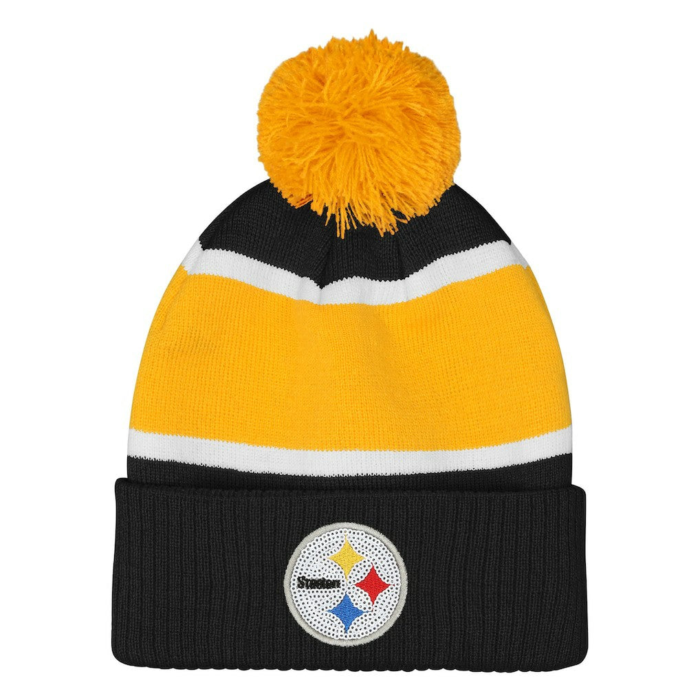 Pittsburgh Steelers Outerstuff Girls Let's Play Cuffed Knit Hat with Pom Black