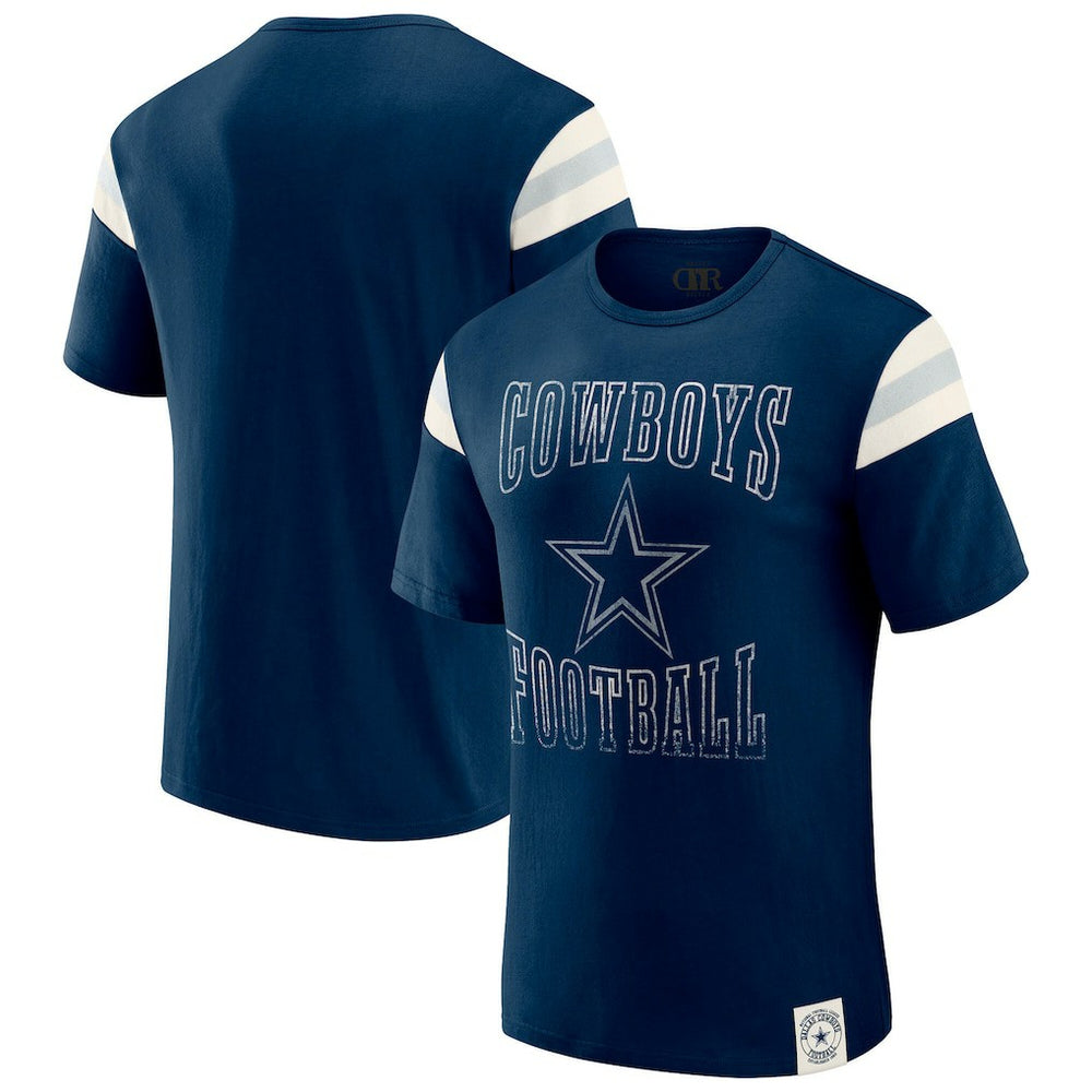 Dallas Cowboys Darius Rucker Collection Distressed Throwback Shoulder Stripe T-Shirt Navy