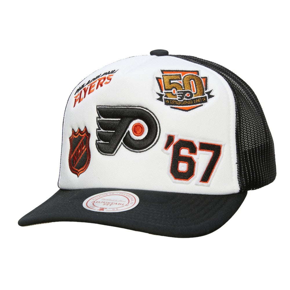 NHL Philadelphia Flyers Mitchell & Ness Gridlock Trucker Adjustable Hat - White/Black