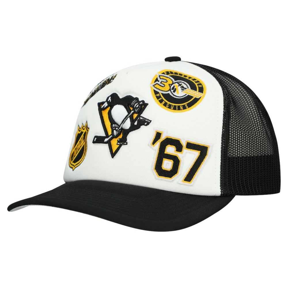 NHL Pittsburgh Penguins Mitchell & Ness Gridlock Trucker Adjustable Hat - White/Black