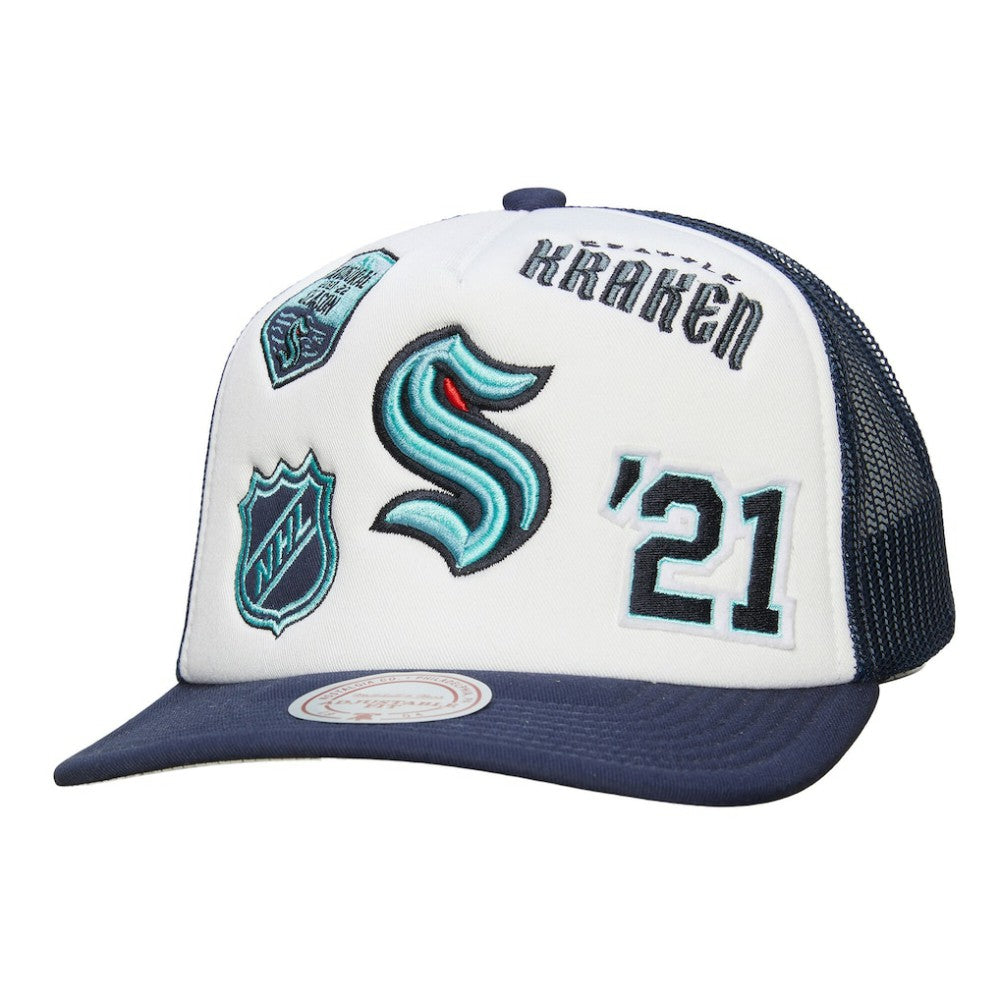 NHL Seattle Kraken Mitchell & Ness Gridlock Trucker Adjustable Hat - White/Deep Sea Blue