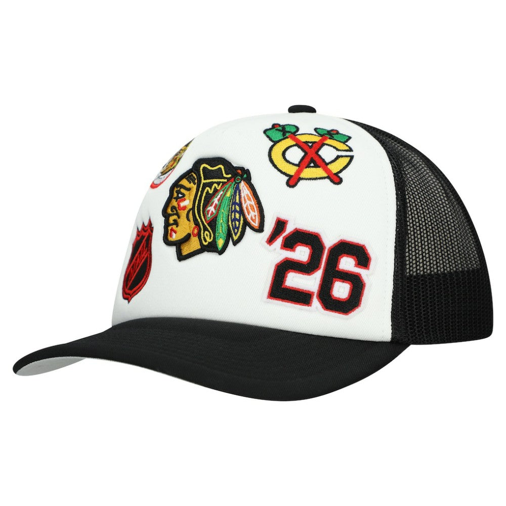 NHL Chicago Blackhawks Mitchell & Ness Gridlock Trucker Adjustable Hat - White/Black