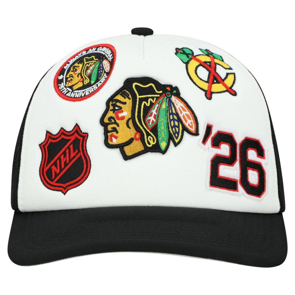NHL Chicago Blackhawks Mitchell & Ness Gridlock Trucker Adjustable Hat - White/Black