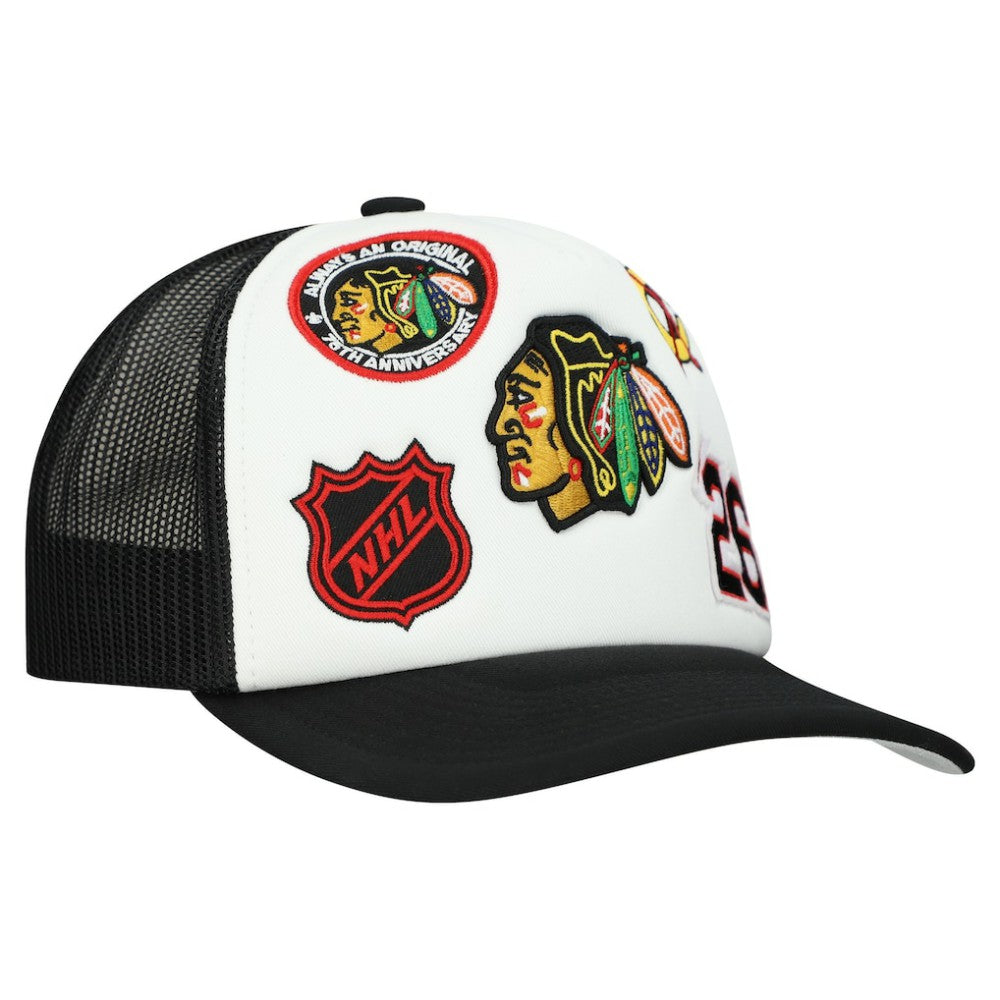 NHL Chicago Blackhawks Mitchell & Ness Gridlock Trucker Adjustable Hat - White/Black