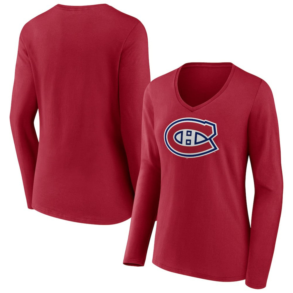 NHL Montreal Canadiens Women's Primary Logo Long Sleeve V-Neck T-Shirt - Red