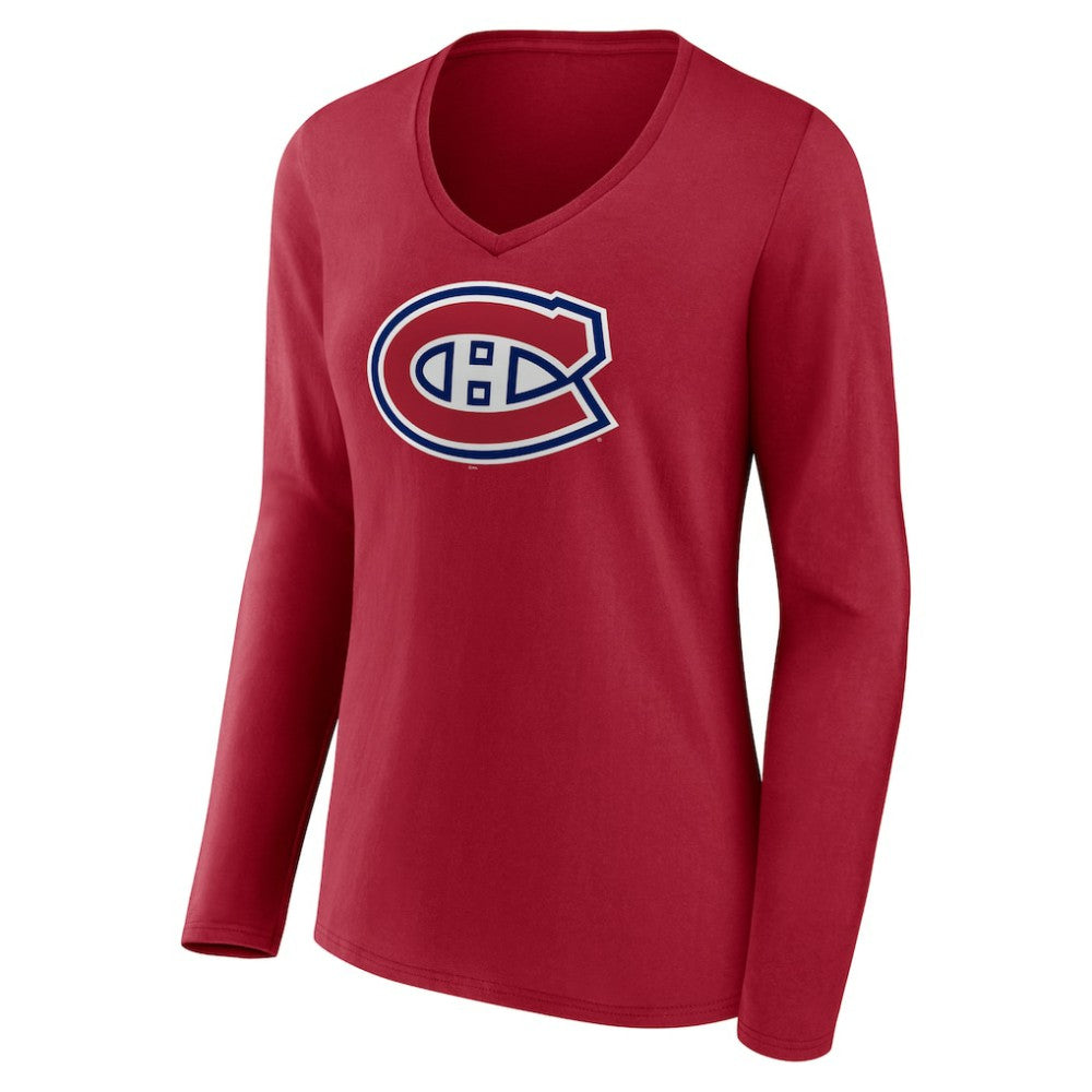 NHL Montreal Canadiens Women's Primary Logo Long Sleeve V-Neck T-Shirt - Red