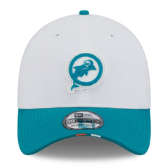 Miami Dolphins New Era 2025 NFL Training Camp Throwback Logo 39THIRTY Flex Hat White/Aqua