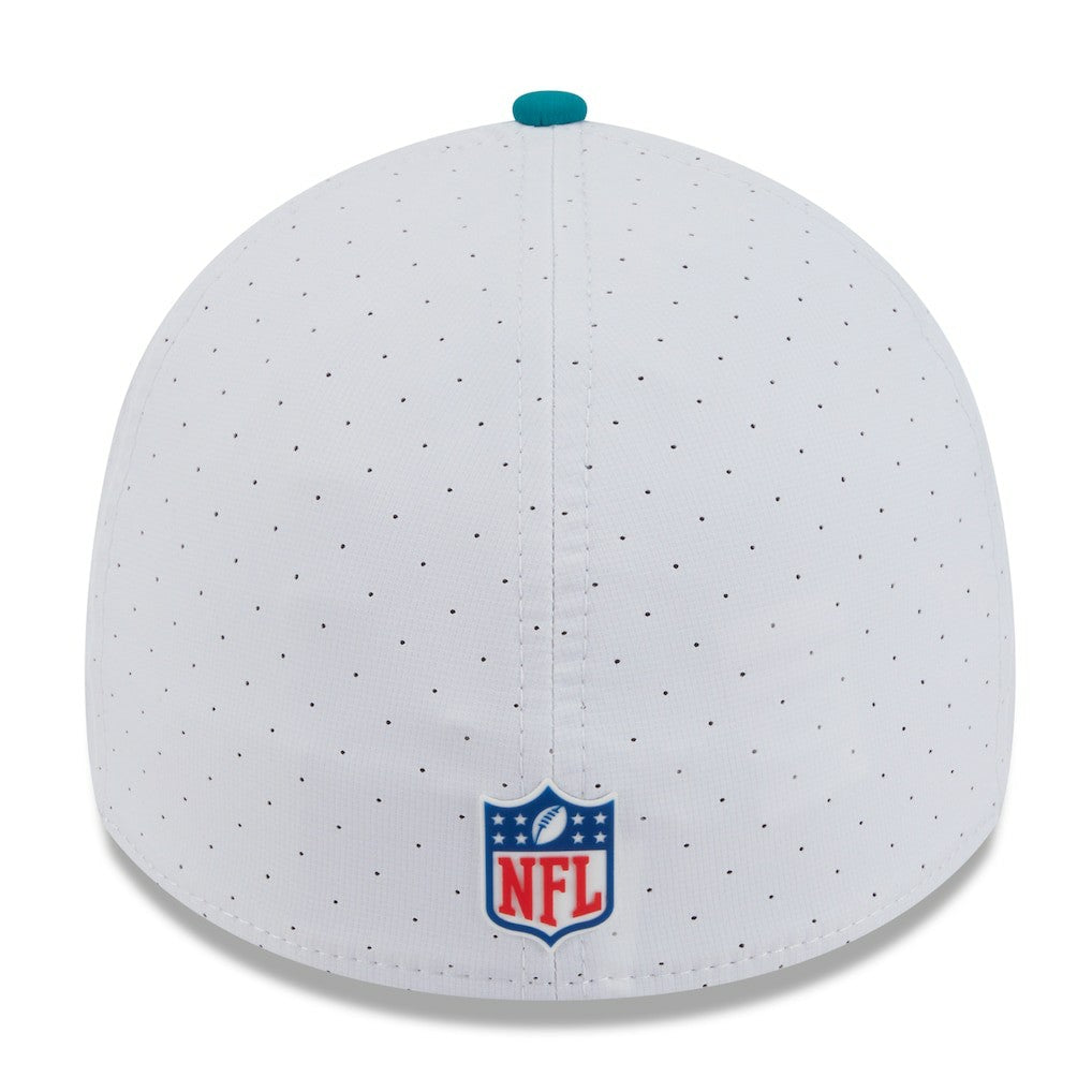 Miami Dolphins New Era 2025 NFL Training Camp Throwback Logo 39THIRTY Flex Hat White/Aqua