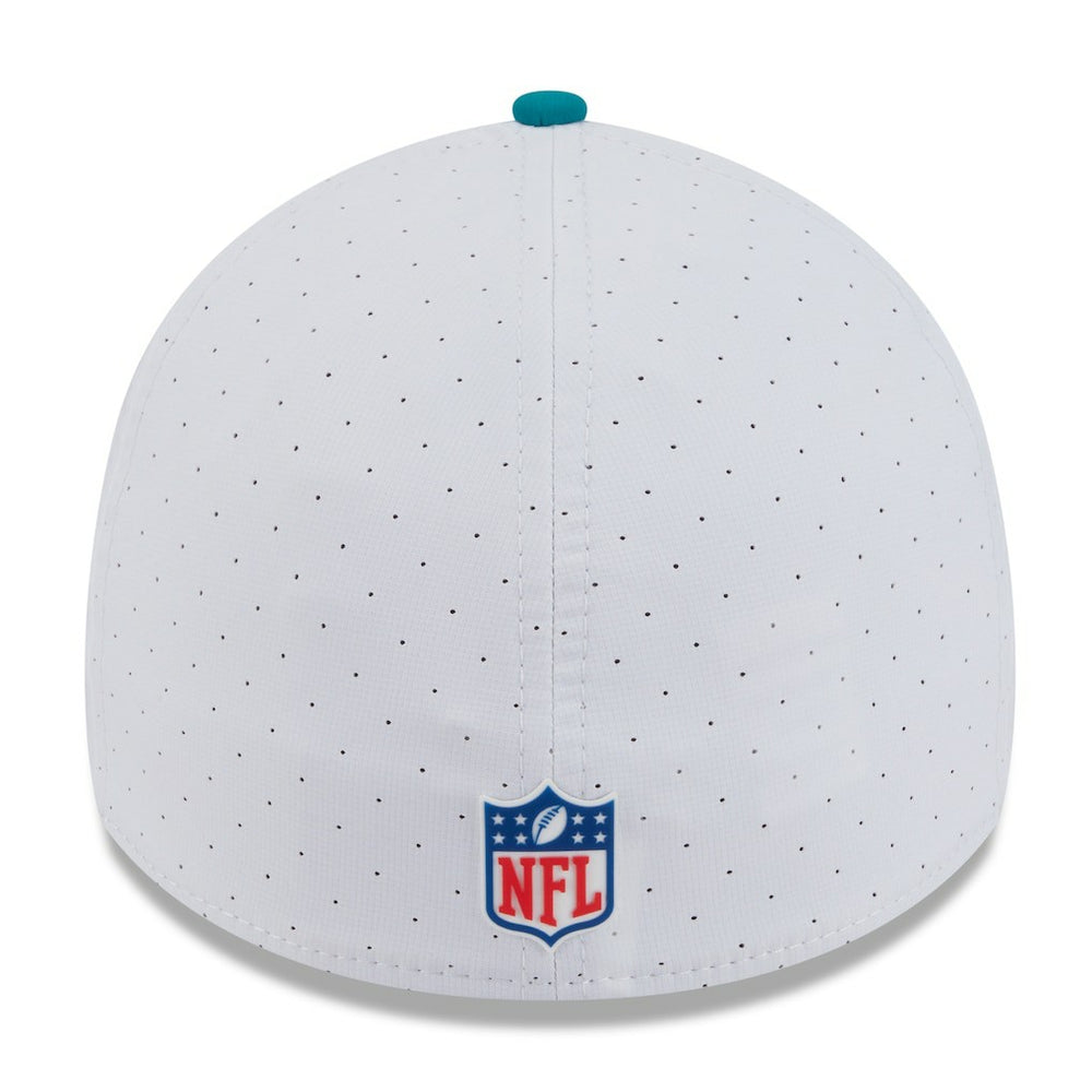 Miami Dolphins New Era 2025 NFL Training Camp Throwback Logo 39THIRTY Flex Hat White/Aqua