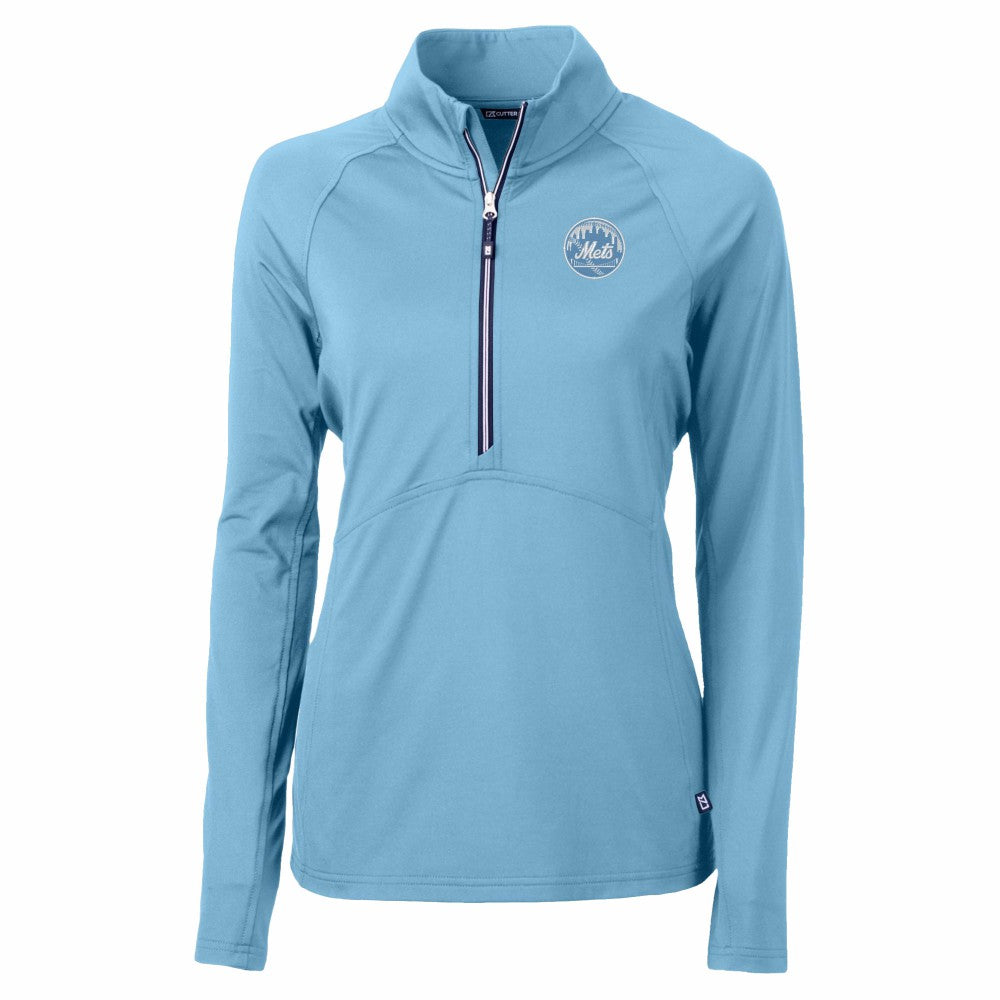 New York Mets Cutter & Buck Women's Raglan Adapt Eco Knit Stretch Recycled Half-Zip Top - Powder Blue Tops