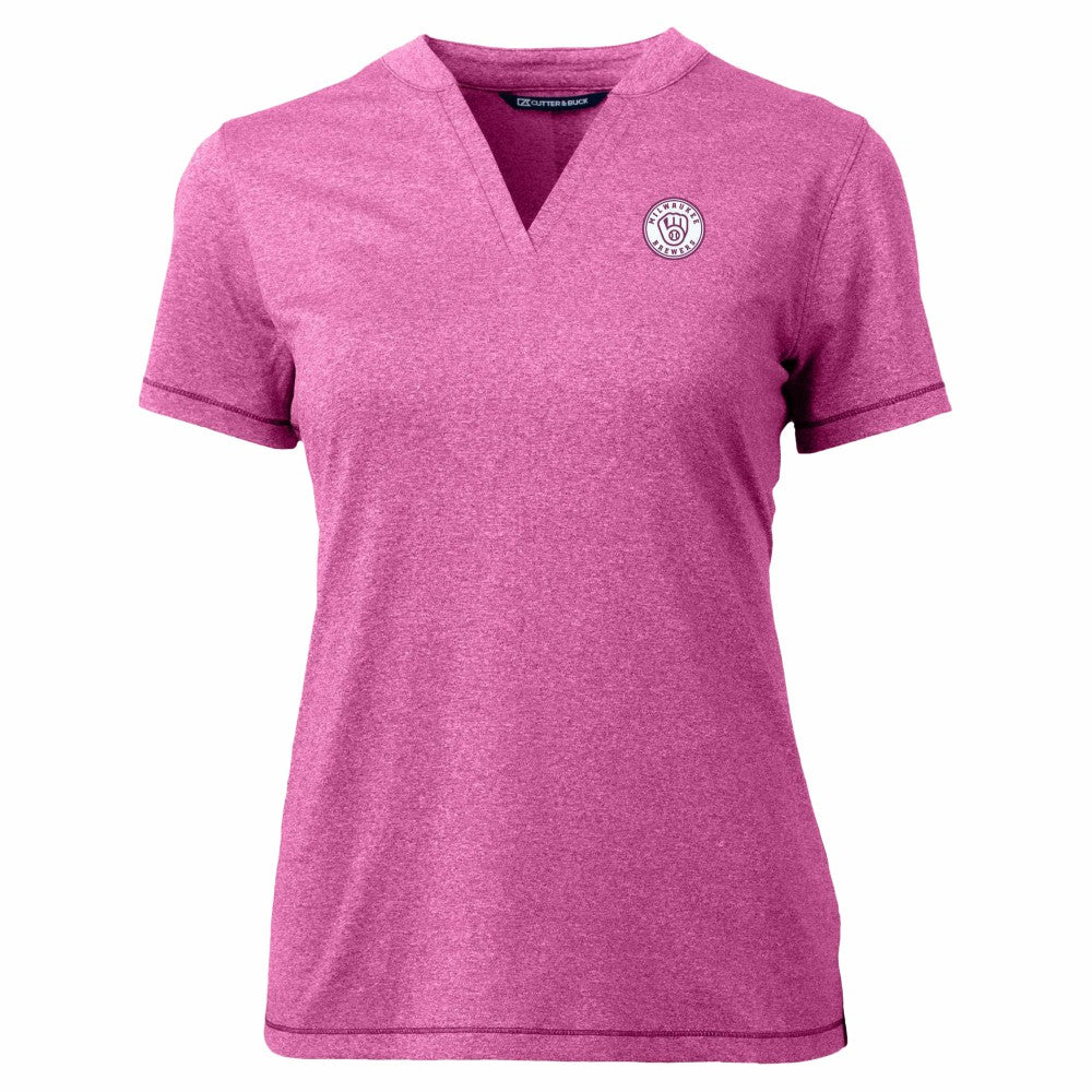 Milwaukee Brewers Cutter & Buck Forge Heathered Stretch Blade Top - Light Pink Tops