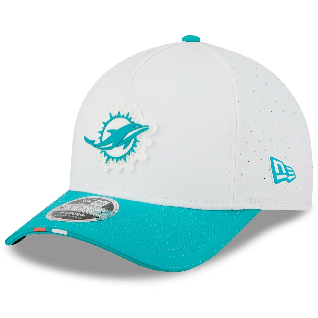 Miami Dolphins New Era Youth 2025 NFL Training Camp A-Frame 9FORTY Adjustable Hat White/Aqua