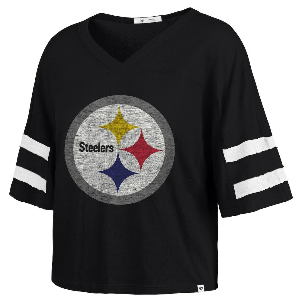 Pittsburgh Steelers '47 Women's Premier Scout Cropped V-Neck T-Shirt Black