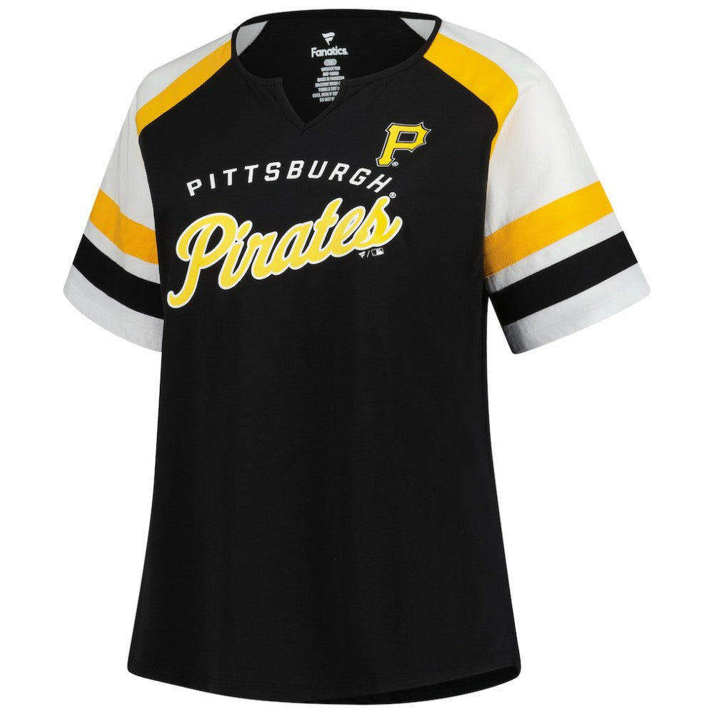 Pittsburgh Pirates Profile Women's Plus Sized Arched Notch Neck T-Shirt - Black T-shirts