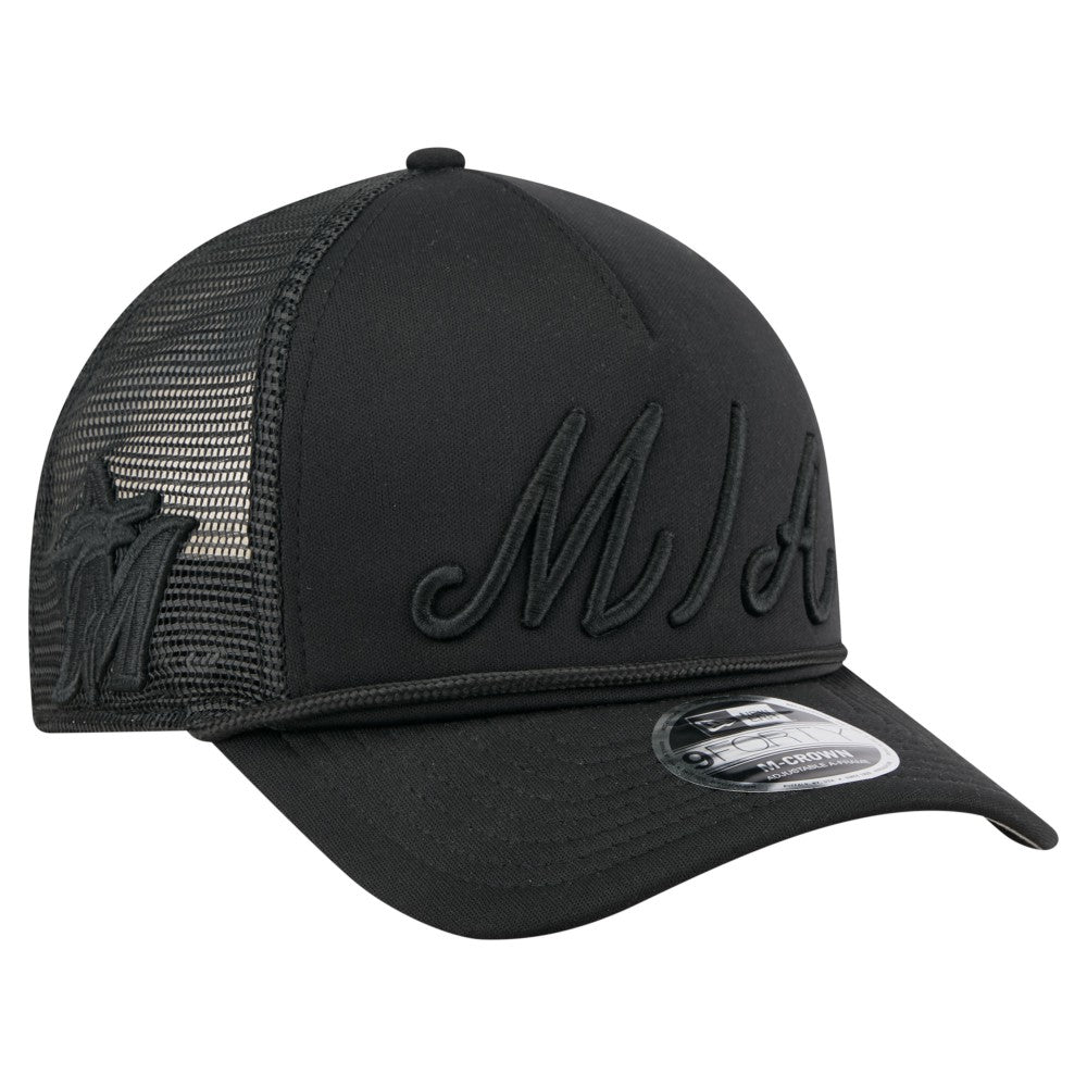 Miami Marlins New Era City Initial 9FORTY A-Frame M-Crown Adjustable Trucker Hat - Black Hats