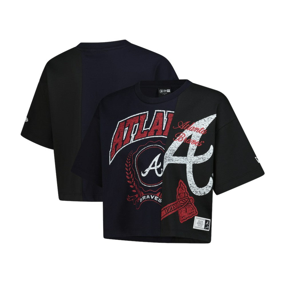 Atlanta Braves New Era Women's Upcycled Colorblocked Boxy Cropped T-Shirt - Navy T-shirts