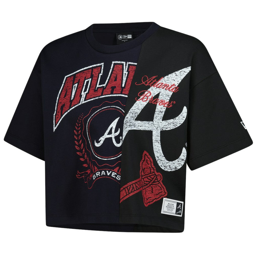 Atlanta Braves New Era Women's Upcycled Colorblocked Boxy Cropped T-Shirt - Navy T-shirts