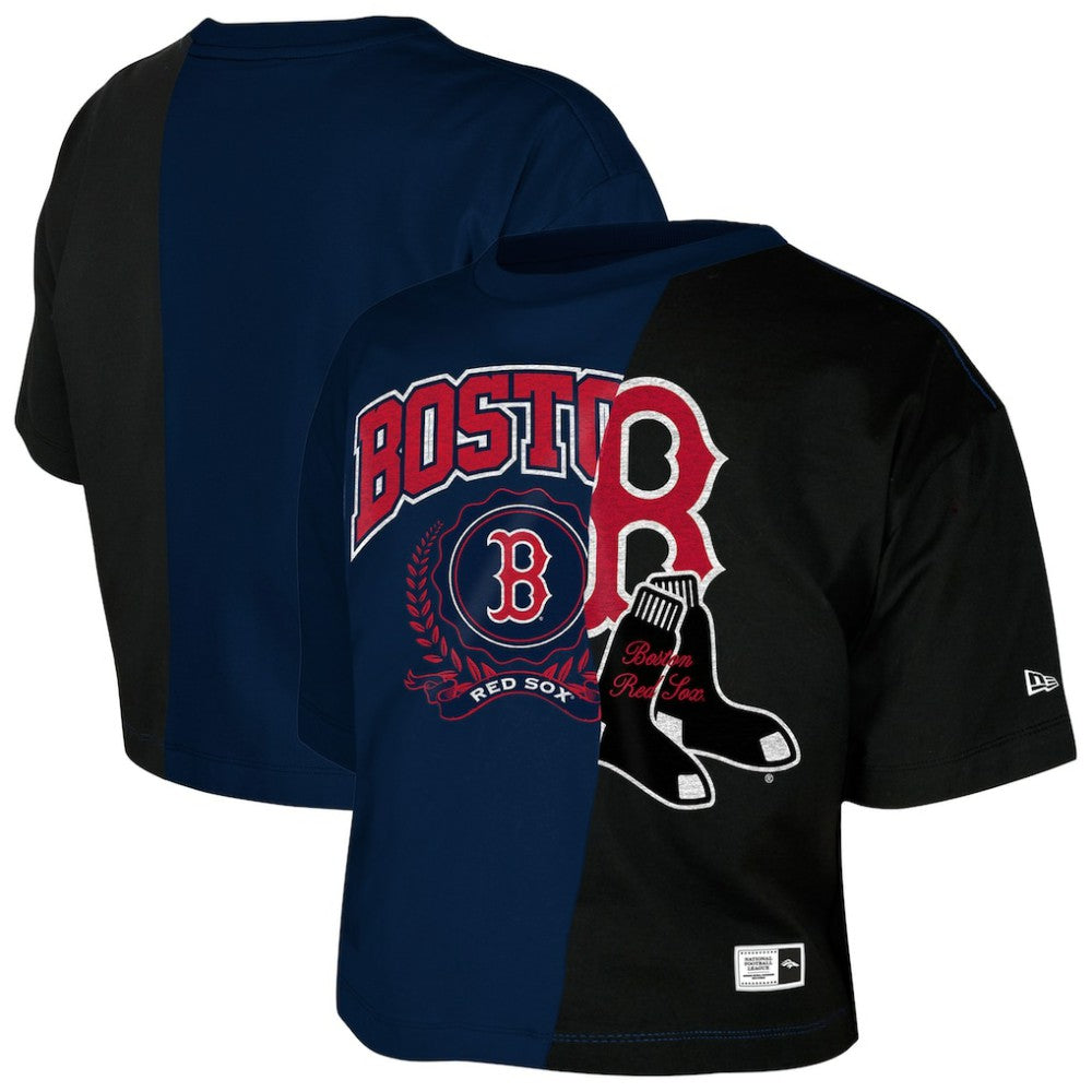 Boston Red Sox New Era Women's Upcycled Colorblocked Boxy Cropped T-Shirt - Navy T-shirts