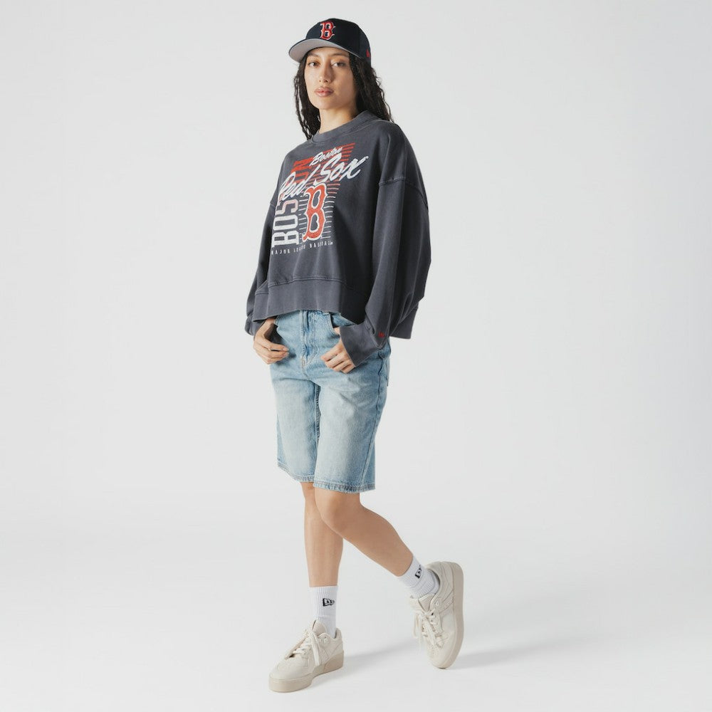 Boston Red Sox New Era Women's Boxy Mineral Wash Dolmen Sleeve Cropped Sweatshirt - Navy Sweatshirts