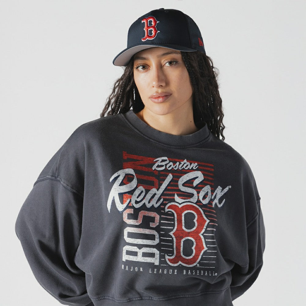 Boston Red Sox New Era Women's Boxy Mineral Wash Dolmen Sleeve Cropped Sweatshirt - Navy Sweatshirts