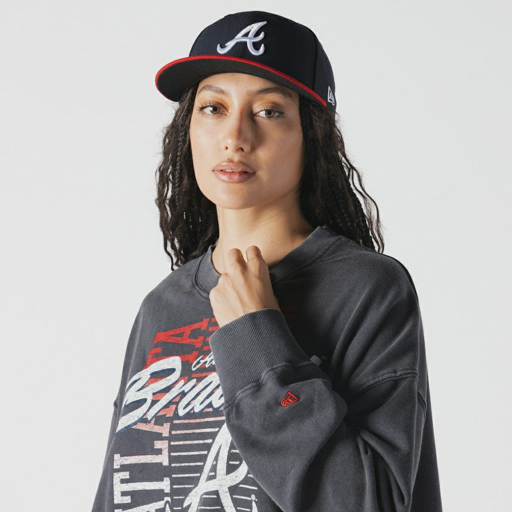 Atlanta Braves New Era Women's Boxy Mineral Wash Dolmen Sleeve Cropped Sweatshirt - Navy Sweatshirts