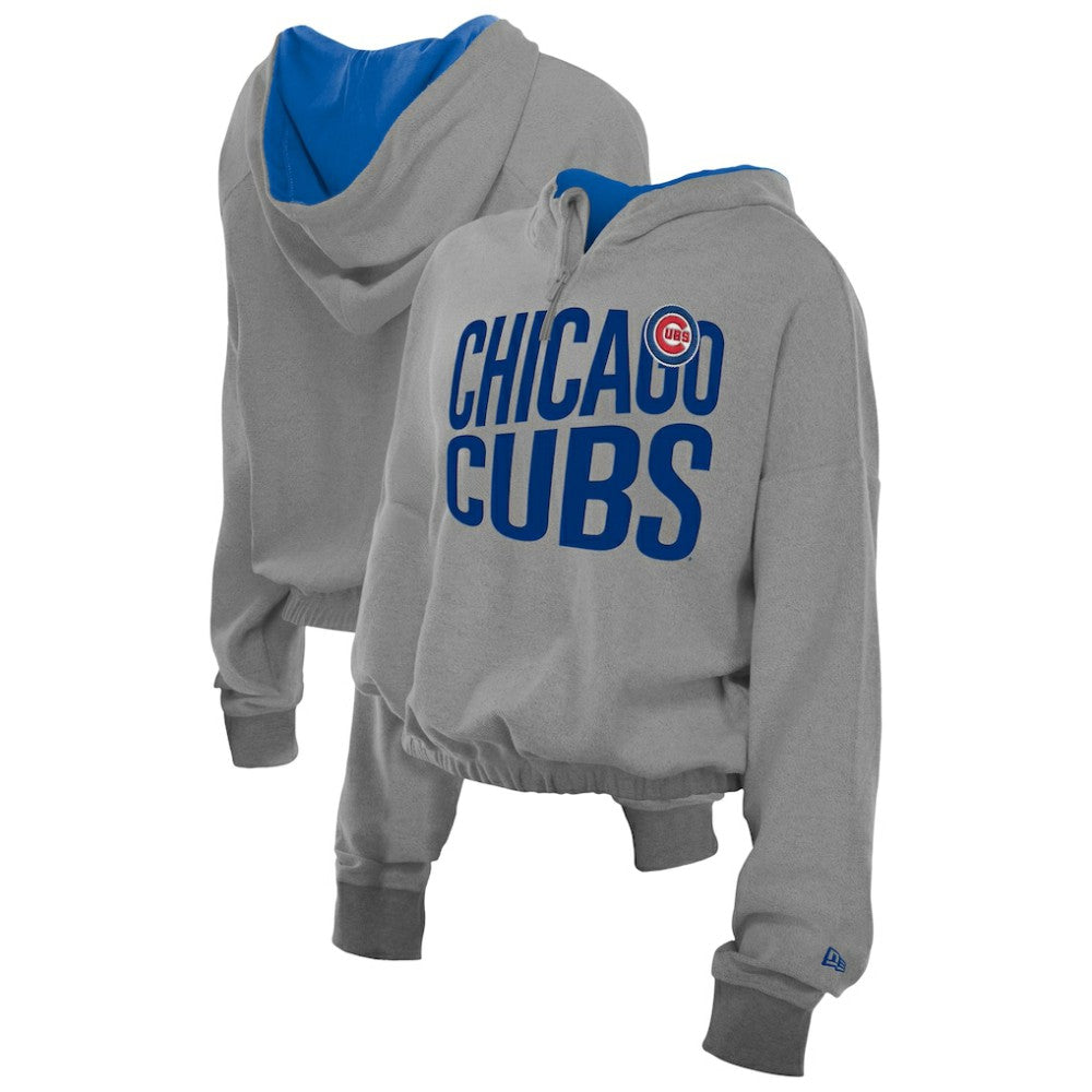 Chicago Cubs New Era Women's Reversed Out French Terry Quarter-Zip Banded Crop Hoodie - Heather Gray Hoodies