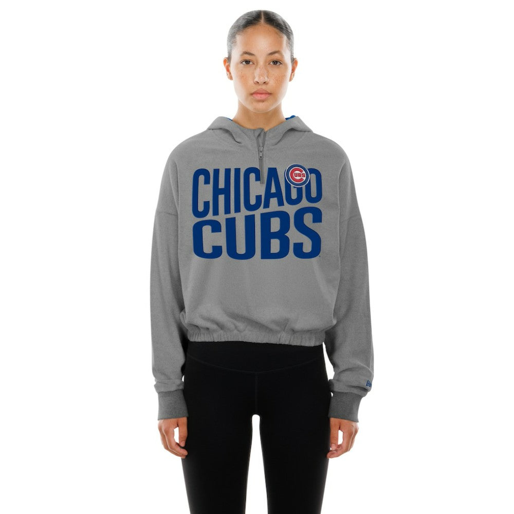 Chicago Cubs New Era Women's Reversed Out French Terry Quarter-Zip Banded Crop Hoodie - Heather Gray Hoodies