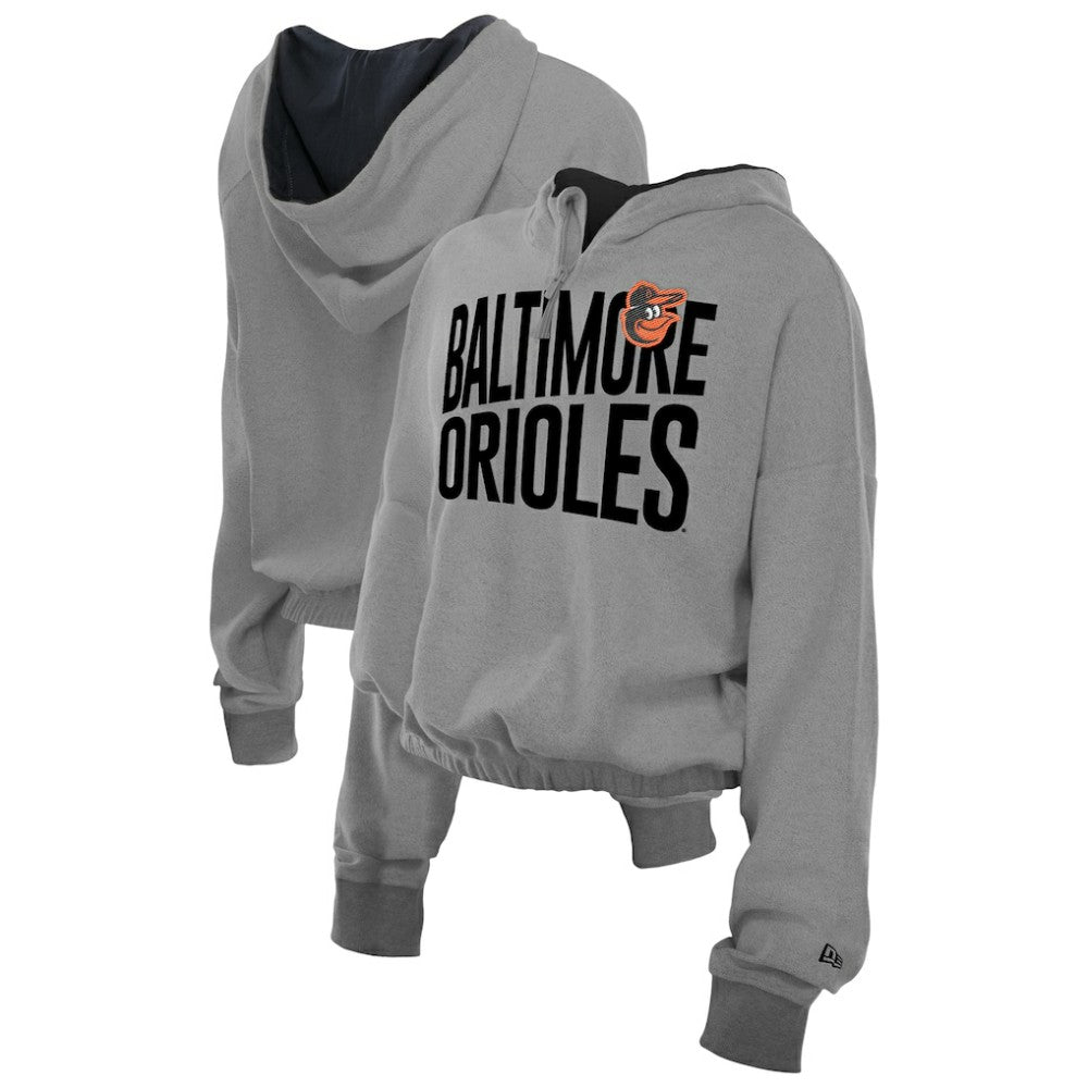 Baltimore Orioles New Era Women's Reversed Out French Terry Quarter-Zip Banded Crop Hoodie - Heather Gray Hoodies