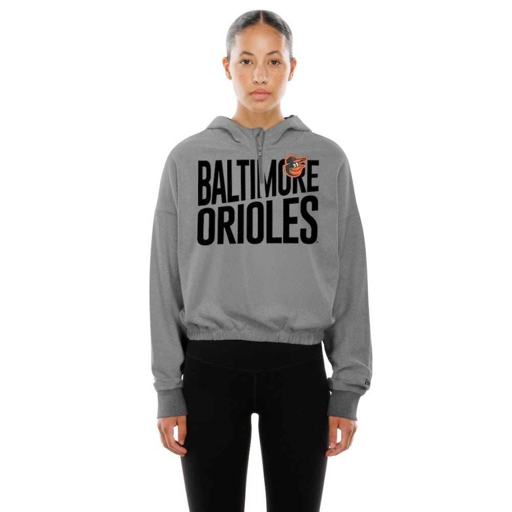 Baltimore Orioles New Era Women's Reversed Out French Terry Quarter-Zip Banded Crop Hoodie - Heather Gray Hoodies