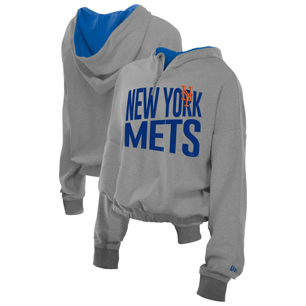 New York Mets New Era Women's Reversed Out French Terry Quarter-Zip Banded Crop Hoodie - Heather Gray Hoodies