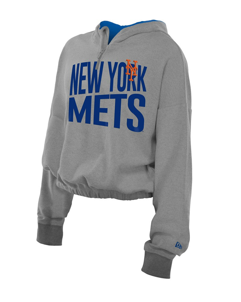 New York Mets New Era Women's Reversed Out French Terry Quarter-Zip Banded Crop Hoodie - Heather Gray Hoodies