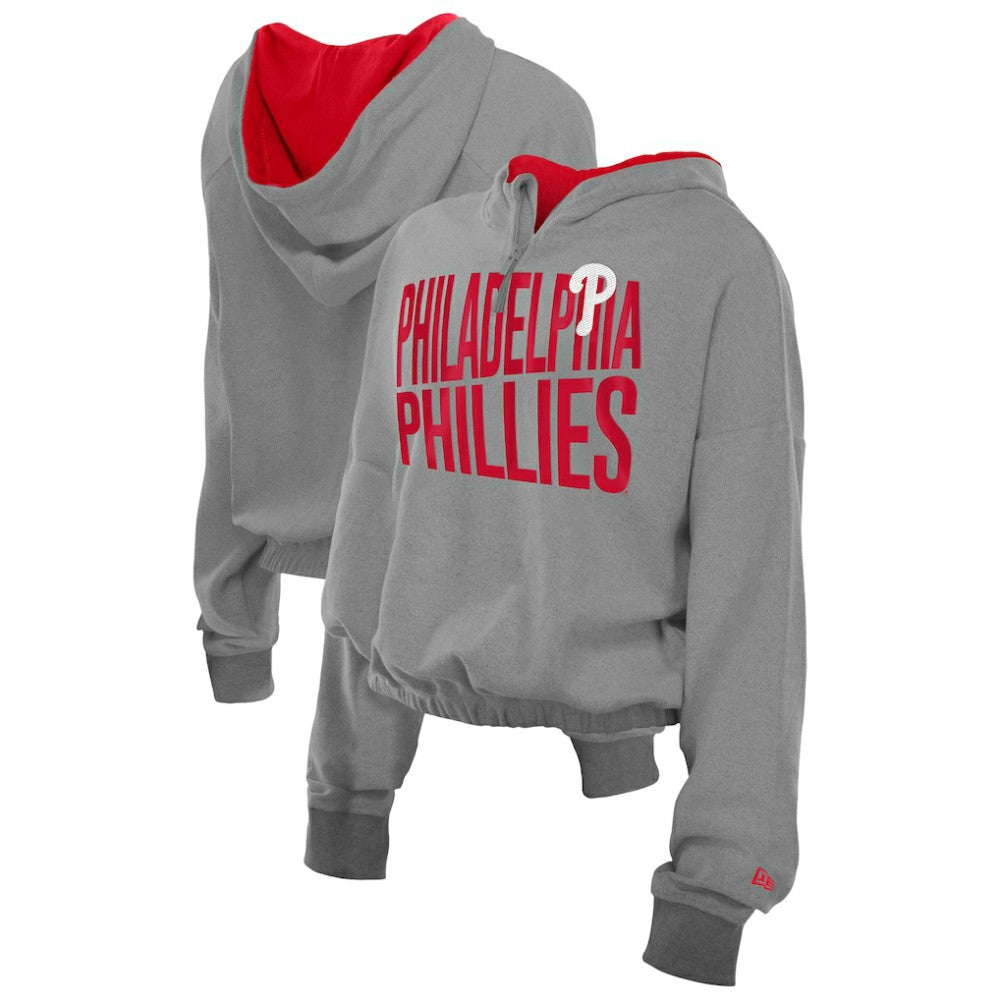 Philadelphia Phillies New Era Women's Reversed Out French Terry Quarter-Zip Banded Crop Hoodie - Heather Gray Hoodies