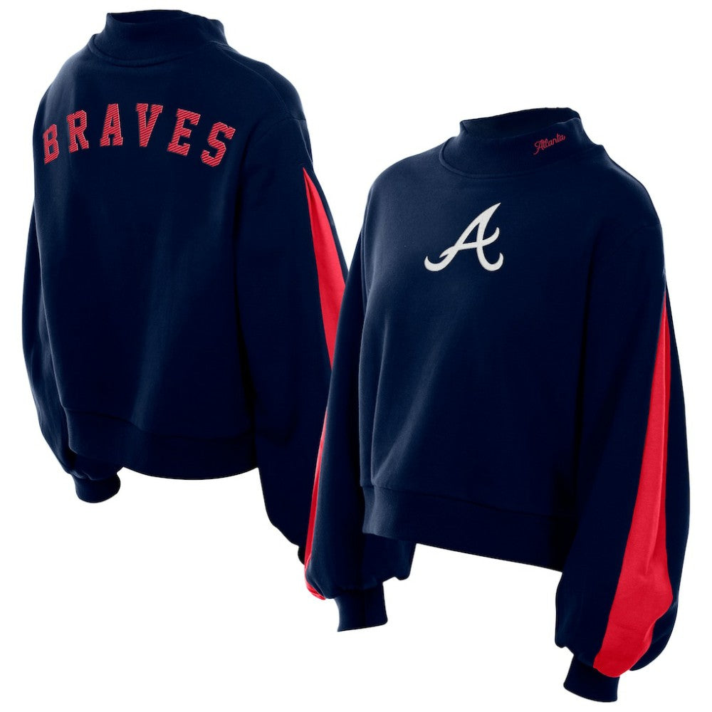 Atlanta Braves New Era Women's Mock Neck Balloon Sleeve Sweatshirt - Navy Sweatshirts