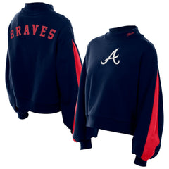 Atlanta Braves New Era Women's Mock Neck Balloon Sleeve Sweatshirt - Navy Sweatshirts