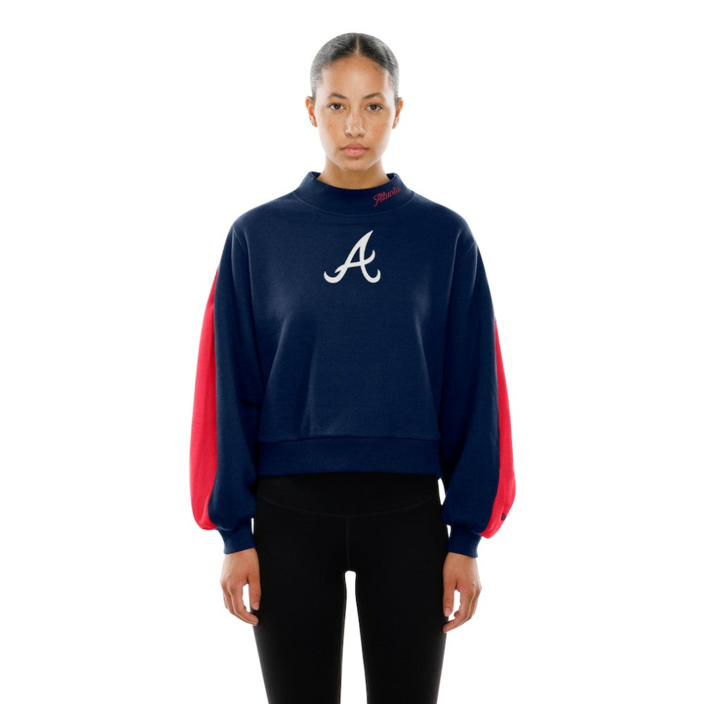 Atlanta Braves New Era Women's Mock Neck Balloon Sleeve Sweatshirt - Navy Sweatshirts