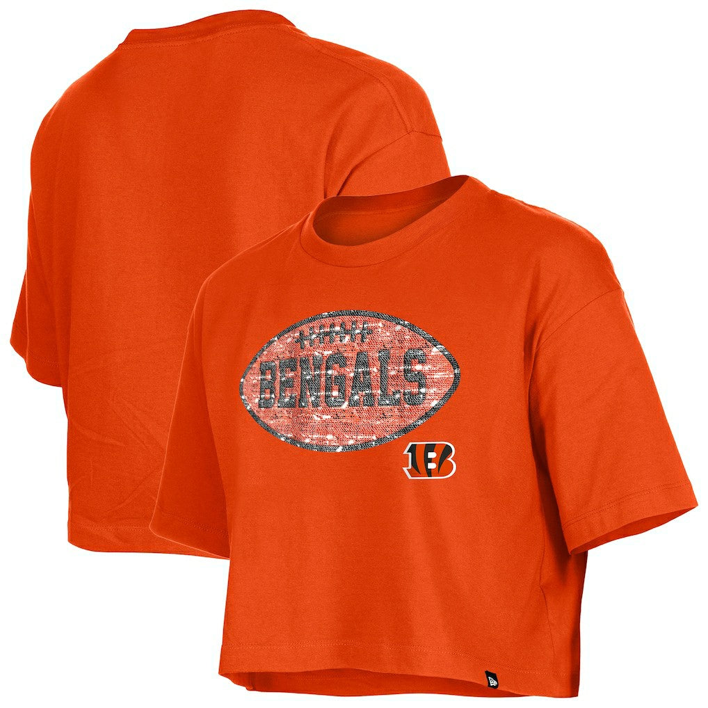 Cincinnati Bengals New Era Girl's Flip Sequin Boxy T-Shirt Orange
