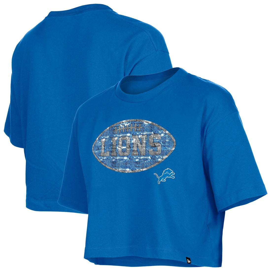 Detroit Lions New Era Girl's Flip Sequin Boxy T-Shirt Blue
