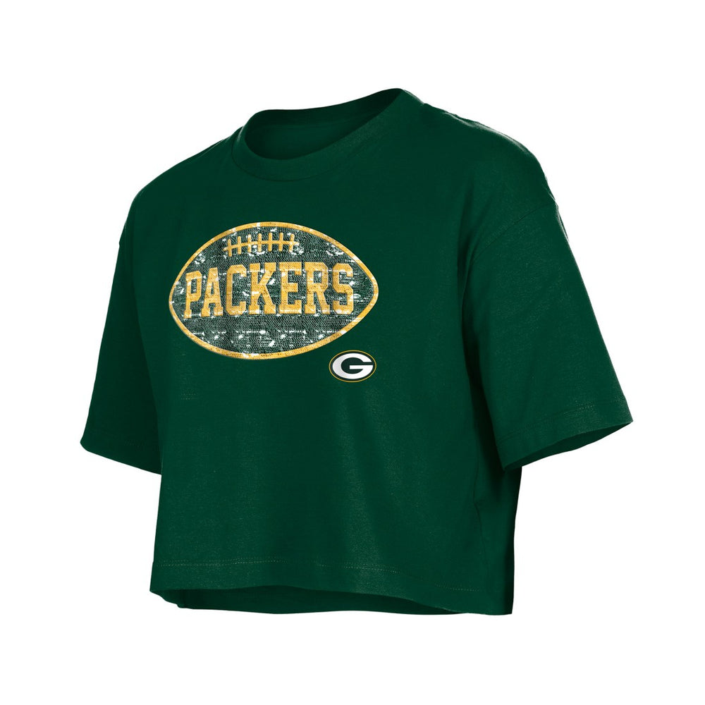 Green Bay Packers New Era Girl's Flip Sequin Boxy T-Shirt Green