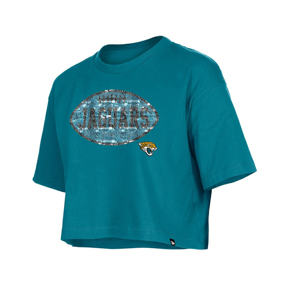 Jacksonville Jaguars New Era Girl's Flip Sequin Boxy T-Shirt Teal