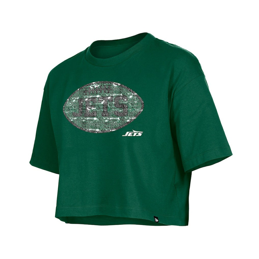 New York Jets New Era Girl's Flip Sequin Boxy T-Shirt Green