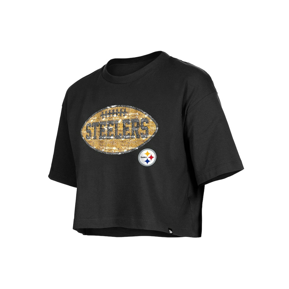 Pittsburgh Steelers New Era Girl's Flip Sequin Boxy T-Shirt Black