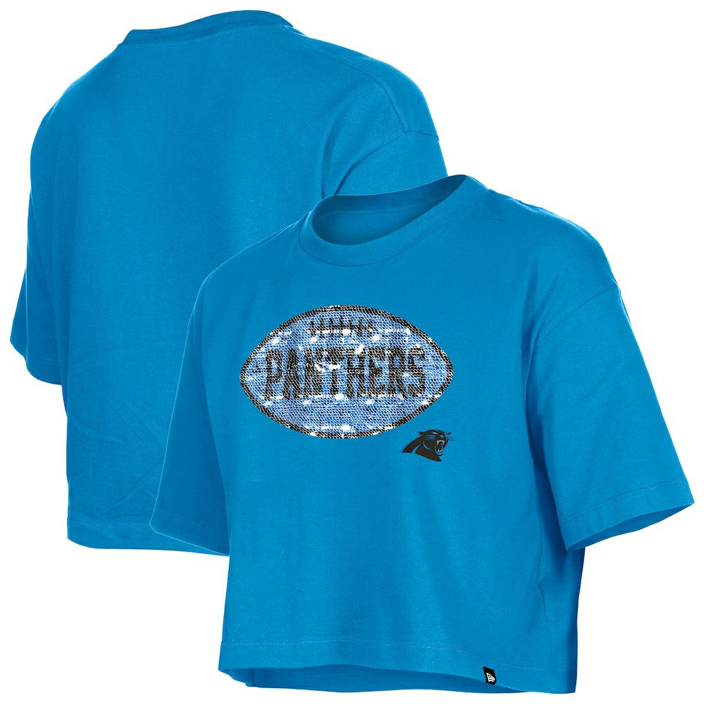 Carolina Panthers New Era Girl's Flip Sequin Boxy T-Shirt Blue