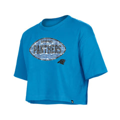 Carolina Panthers New Era Girl's Flip Sequin Boxy T-Shirt Blue