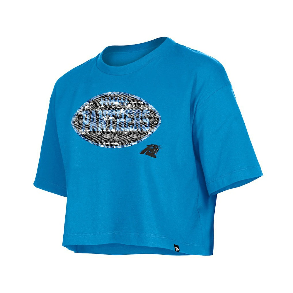 Carolina Panthers New Era Girl's Flip Sequin Boxy T-Shirt Blue