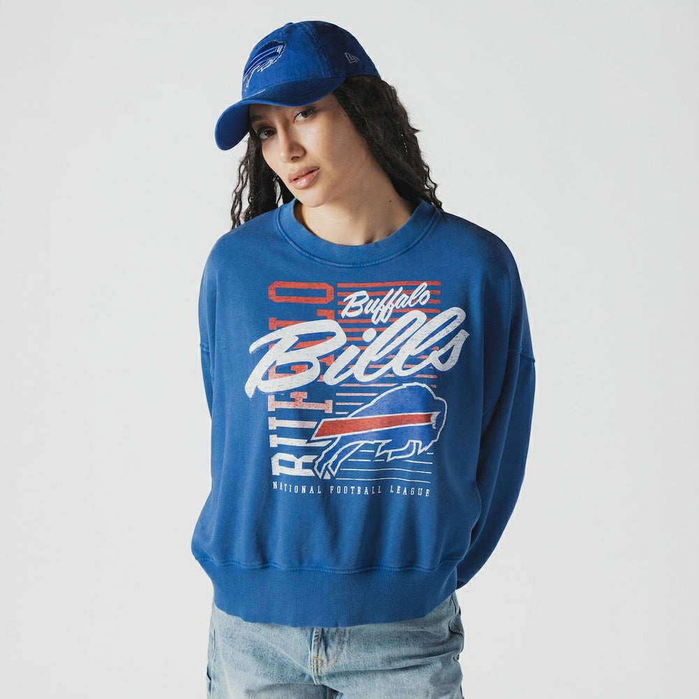 Buffalo Bills New Era Women's Oversized Throwback Mineral Wash Crew Neck Sweatshirt Royal