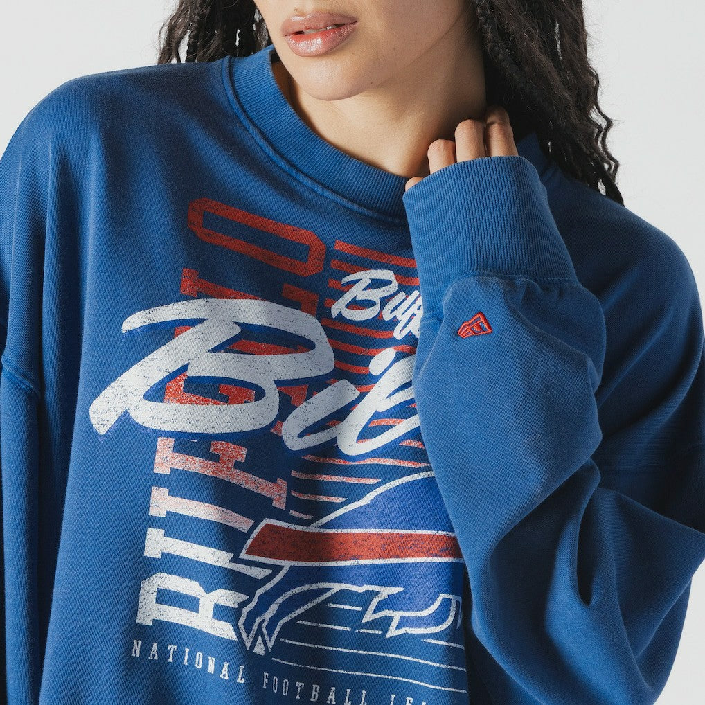 Buffalo Bills New Era Women's Oversized Throwback Mineral Wash Crew Neck Sweatshirt Royal